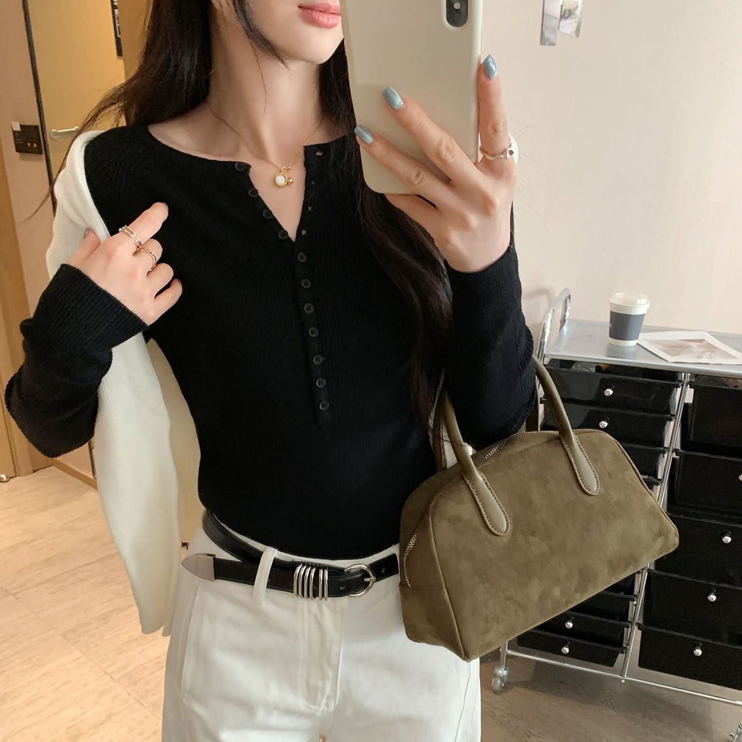 Henley-Shirt für Damen, Rosa, Strick, Slim Fit, elegantes Unterziehshirt
