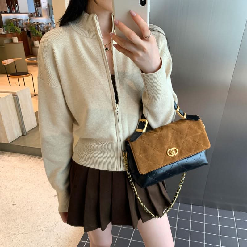 Schicke Strickjacke mit Reißverschluss für Damen, langärmlig, Stehkragen, kurze Länge