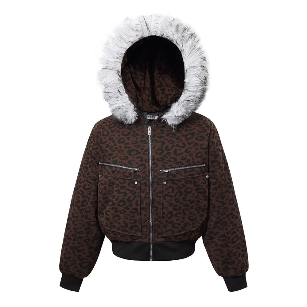 Kurze Kapuzenjacke aus Baumwolle mit Bergmotiv und Leopardenmuster