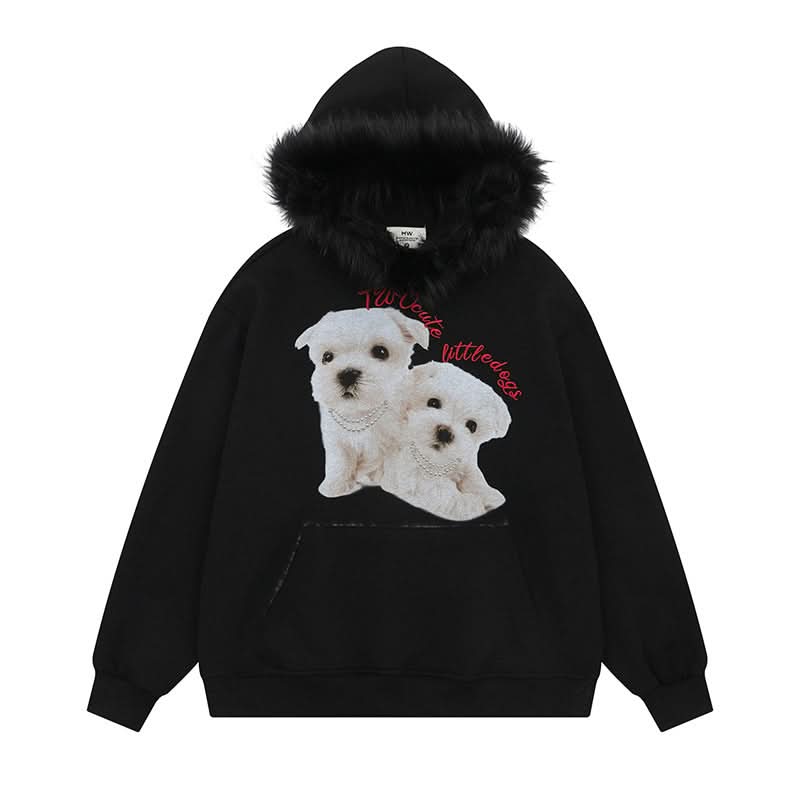 Niedlicher Hunde-Print Hoodie mit Fleecefutter Unisex Legeres lockeres Sweatshirt