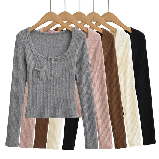 Square collar long sleeved slim top