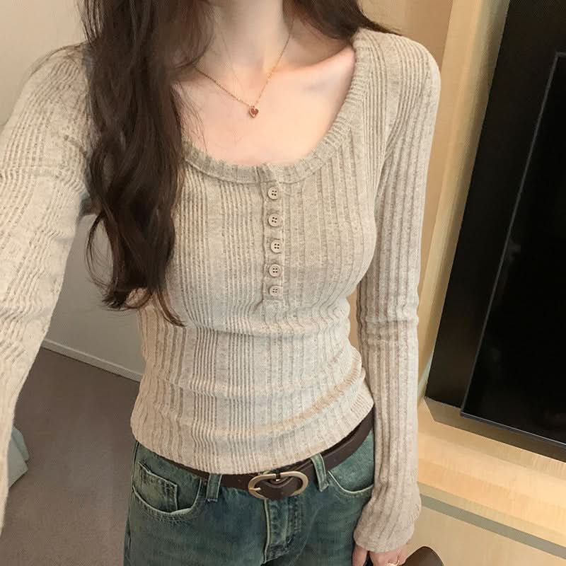 Retro U-Neck Slim Fit Long Sleeve T-Shirt Women's Ribbed Short Length Versatile Knit Top