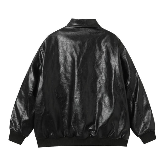 Embroidery creative cartoon loose collar leather jacket