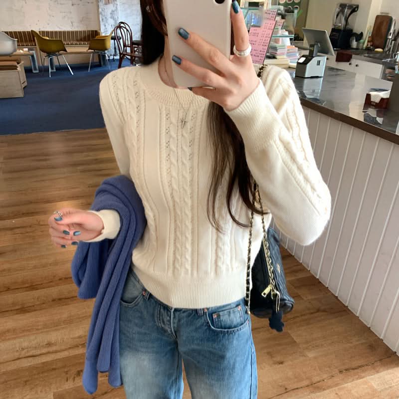 Zopfmuster-Pullover mit Rundhalsausschnitt und langen Ärmeln, Innenfutter, Strickwaren für Damen, einzigartiges Einzeloberteil