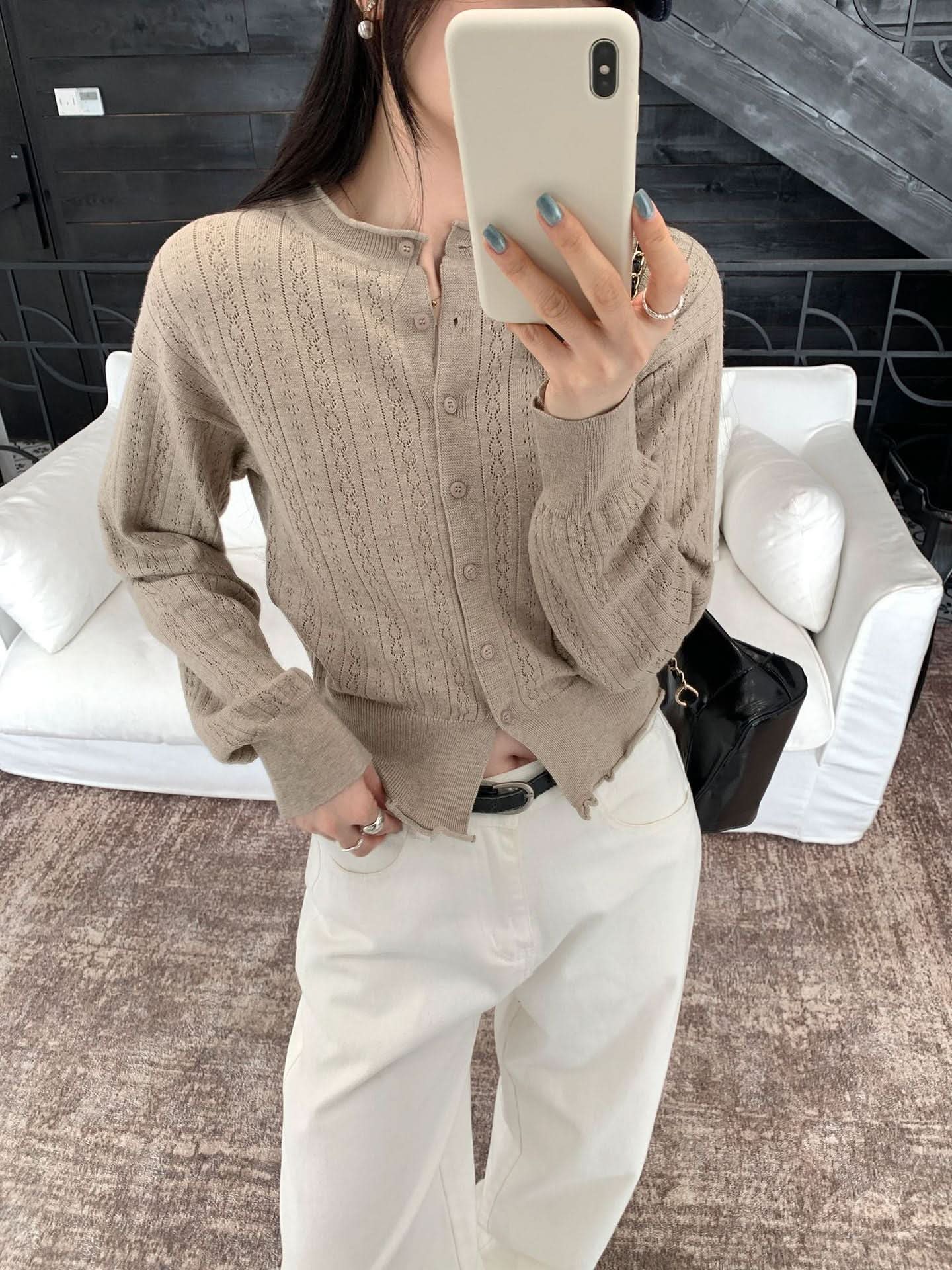 Preppy Style Hollow Out Pattern Round Neck Knit Cardigan Coat for Women