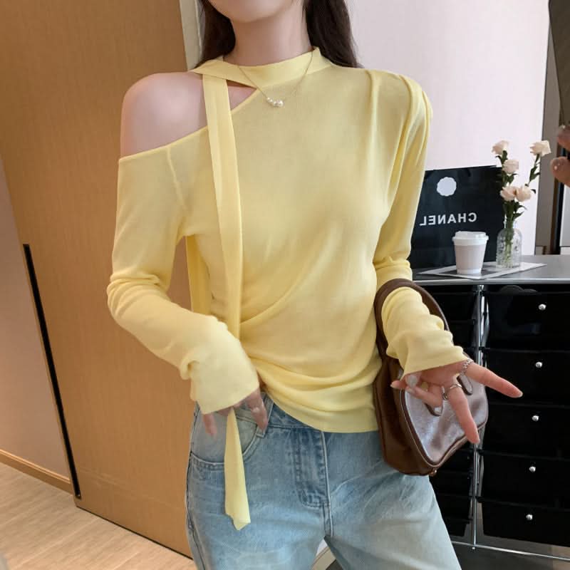 Damen Schnür-Schmetterling Ärmelloses Langarm-T-Shirt, Leichtes Chiffon-Design, Elegantes und figurbetontes Oberteil