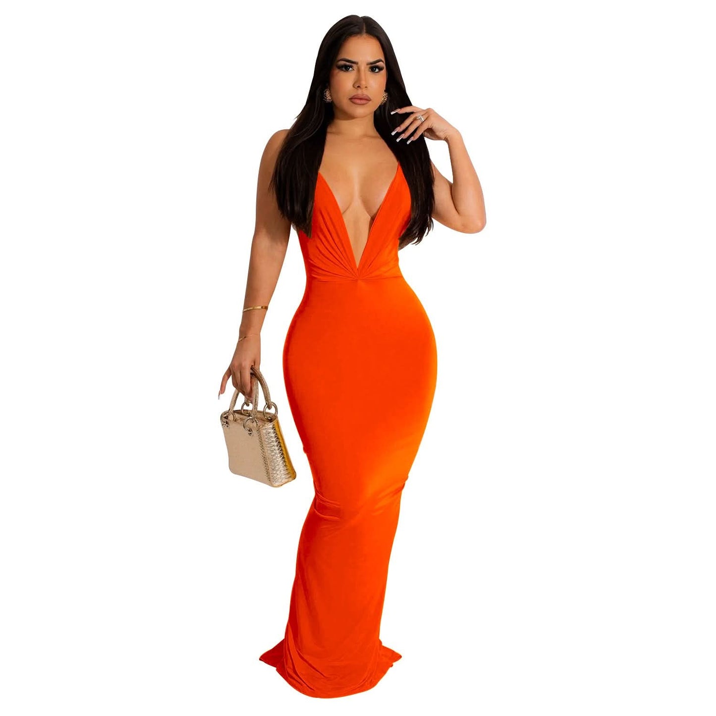 Ärmelloses, plissiertes V-Ausschnitt-Kleid in Unifarben für Damen im modischen Stil