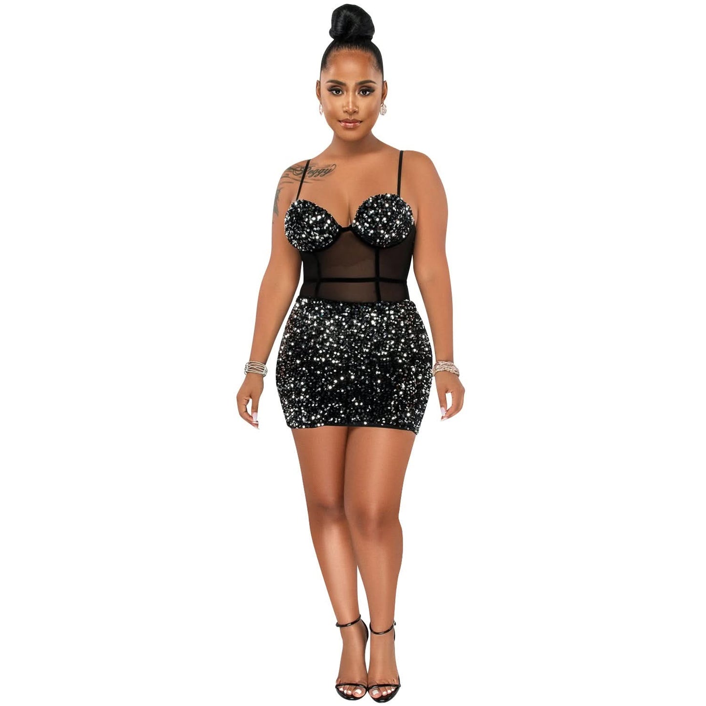 Mode sexy ärmelloses Pailletten-Mesh-durchsichtiges Reißverschluss-Midikleid