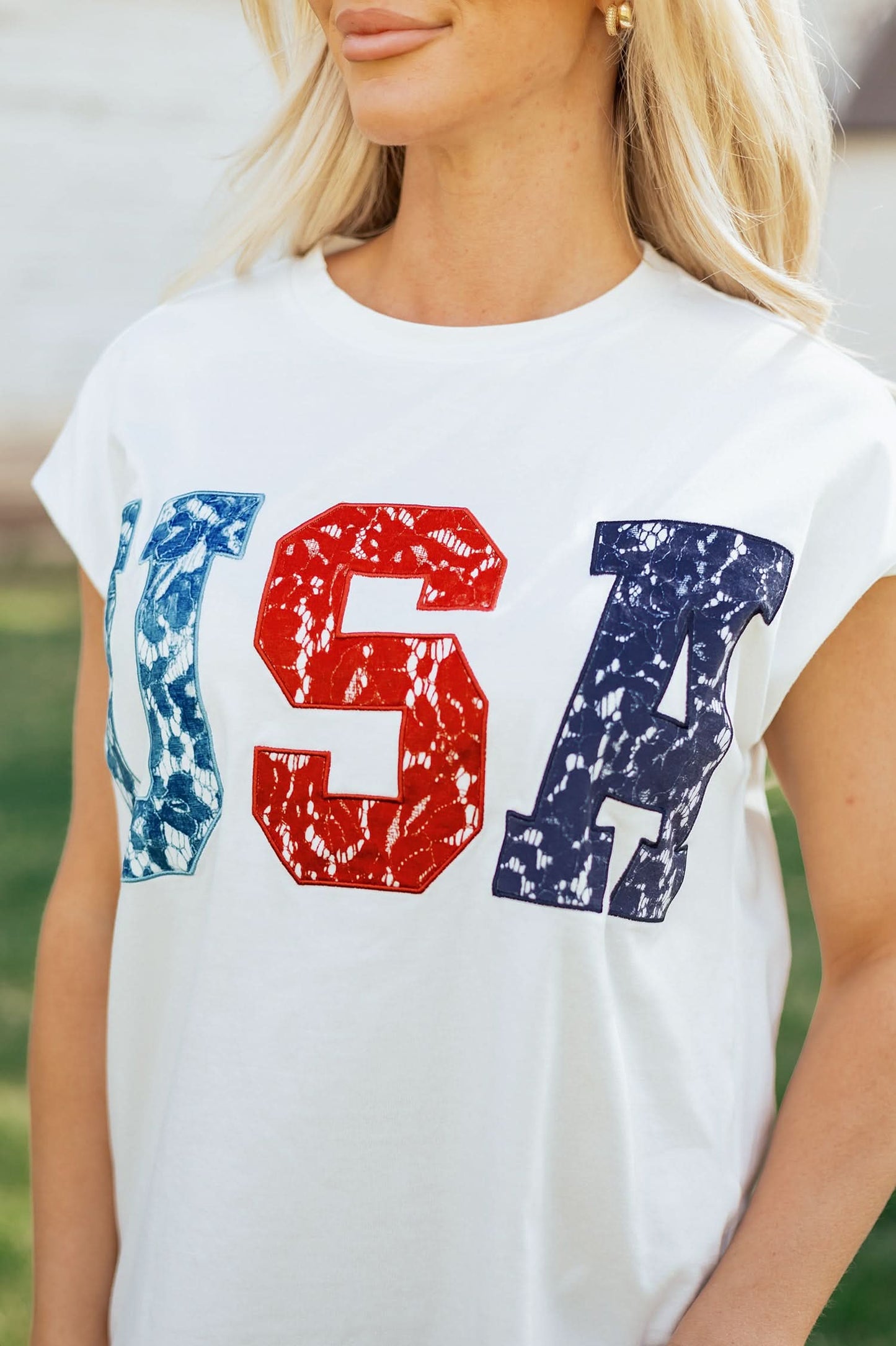 Weißes USA Colorblock Dolman-T-Shirt mit Buchstabenprint