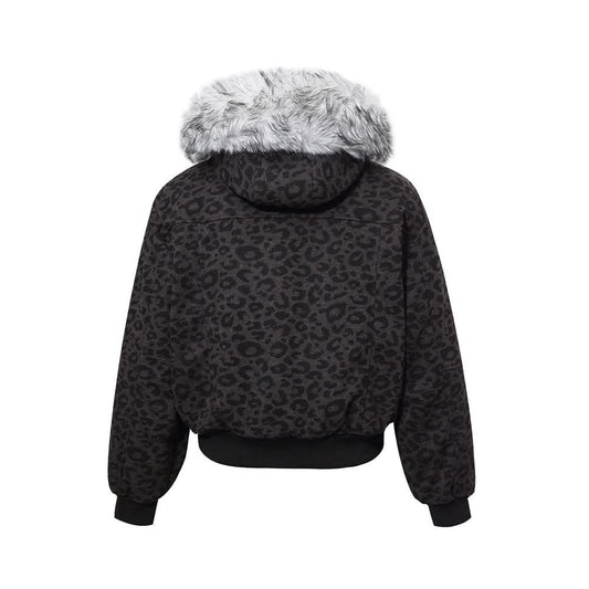 Mountain carving leopard print short hooded cotton jacket