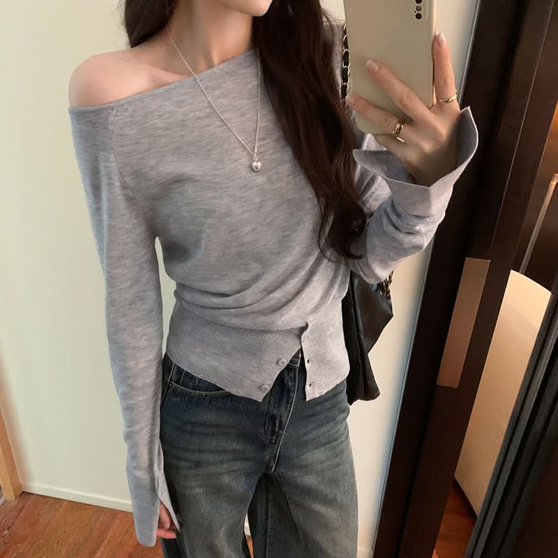Locker fallendes weiches Oberteil mit schulterfreiem, asymmetrischem One-Shoulder-Design und lockerem Strick für Damen