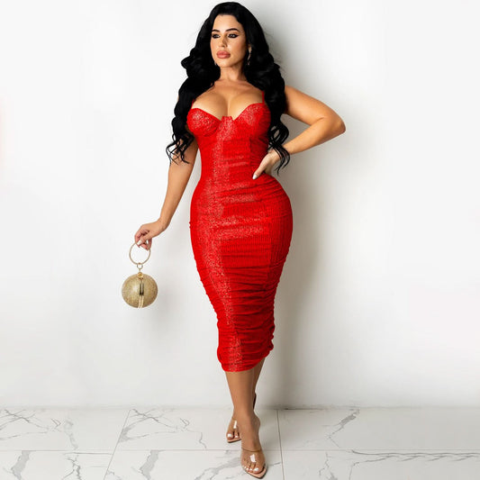 FashionStyle Sequin Sexy Strap Split Long Dress for Women