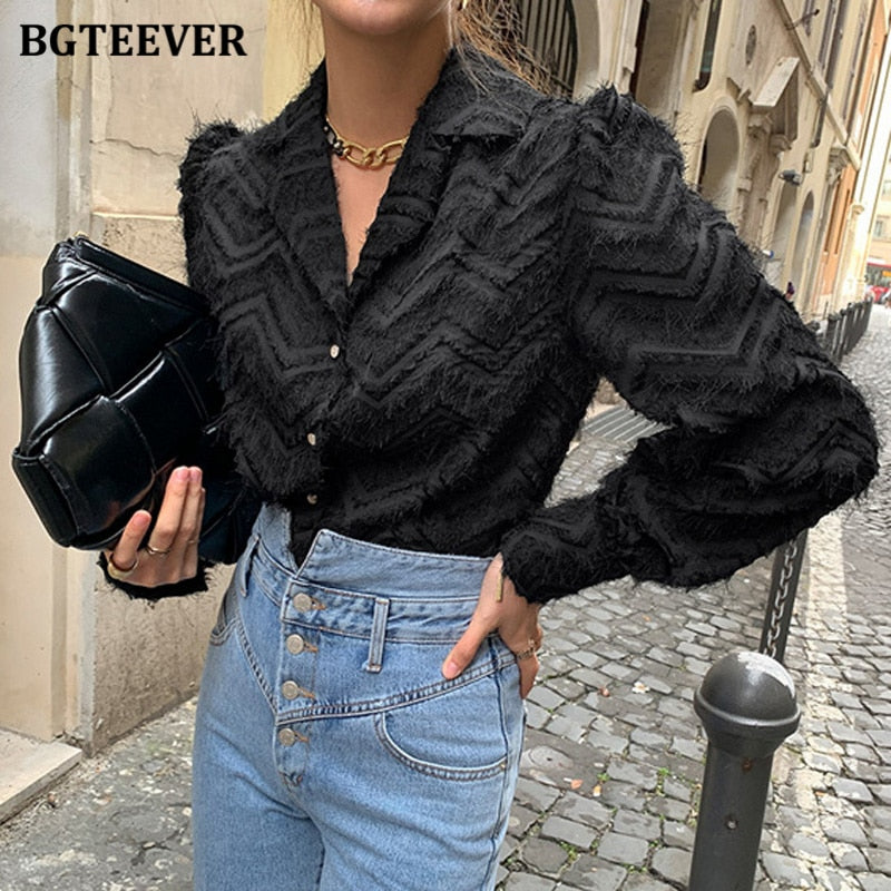 BGTEEVER Elegant Notched Collar Women Tassels Shirts Blouses Spring New Single-breasted Female Workwear Shirts Tops Blusas