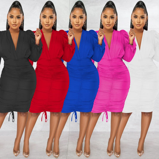 Fashionable Casual Solid Color Long Sleeve Pleated V-Neck Dress for Women