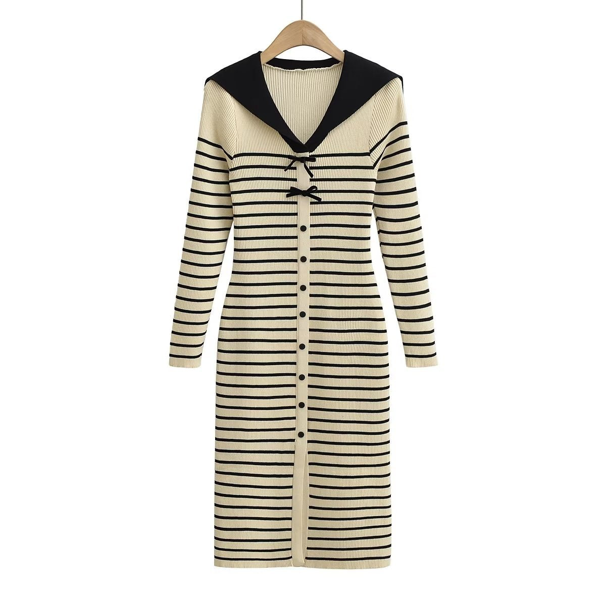 Tingfly Women Fashion Sailor Collar Striped Button Decor Knitting Knee Length Dress Lady Long Sleeve Bodycon Slim Vestido Elbise