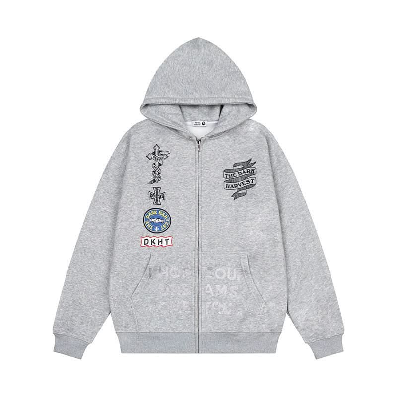 Bestickter Kapuzenpullover mit Reißverschluss Unisex Locker Vielseitige Fleece-gefütterte Jacke Trendig