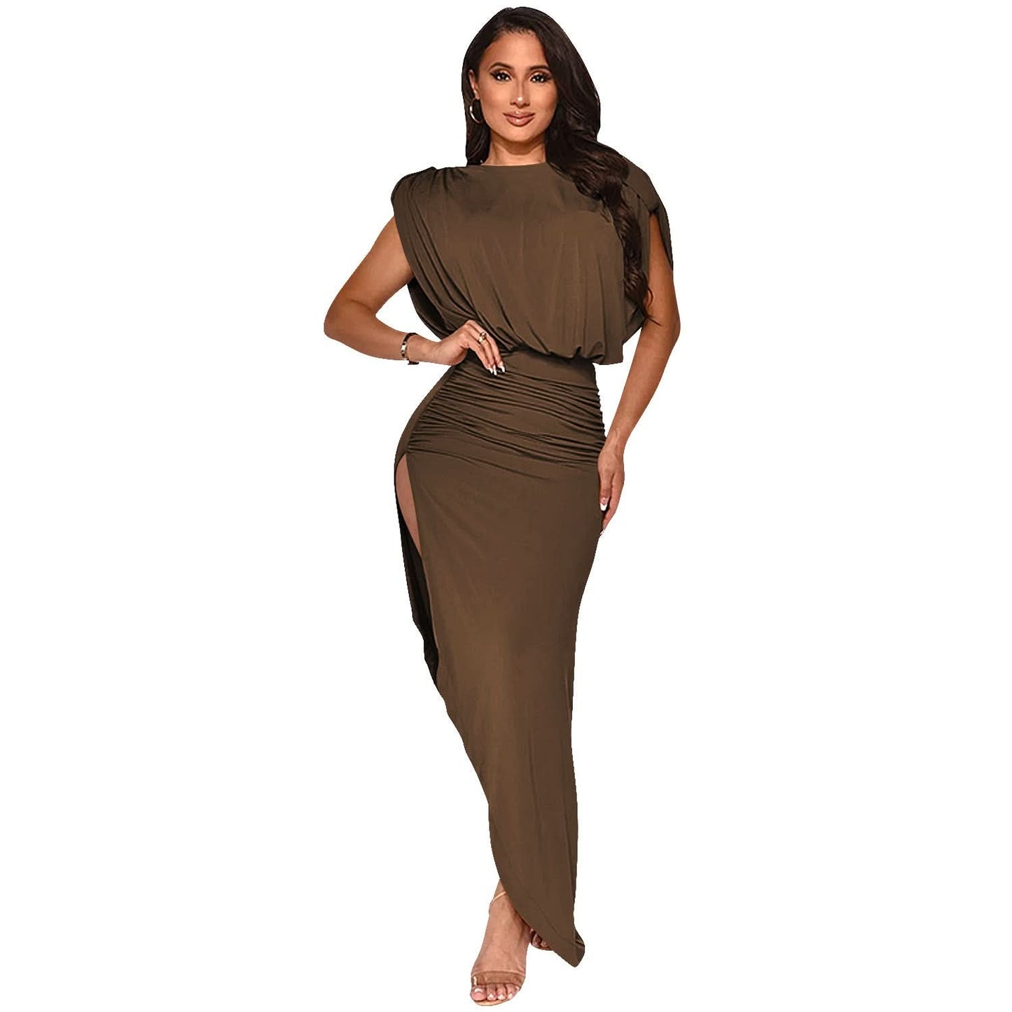 Mode einfarbig Damen Rundhals ärmellos plissiert asymmetrisch geschlitzt langes Kleid