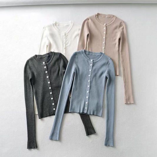 Round neck buckle long sleeved elastic slim fit top