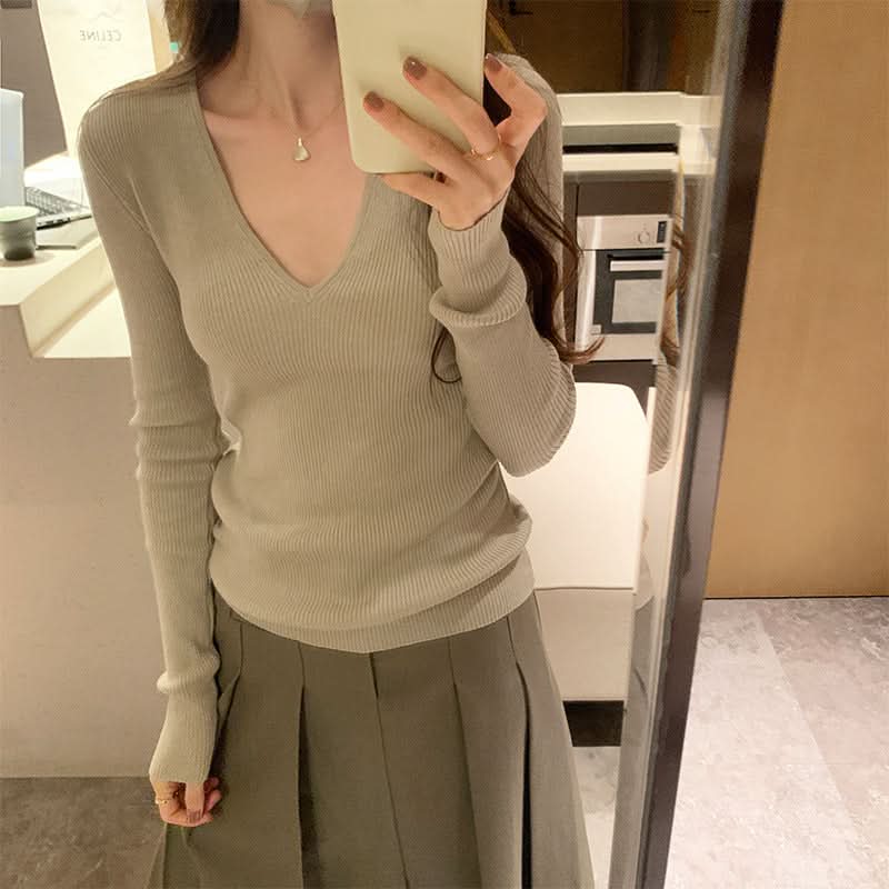 V-Ausschnitt Strickpullover für Damen im Lazy Style, weiches Langarm-Oberteil, Basic-Unterziehshirt