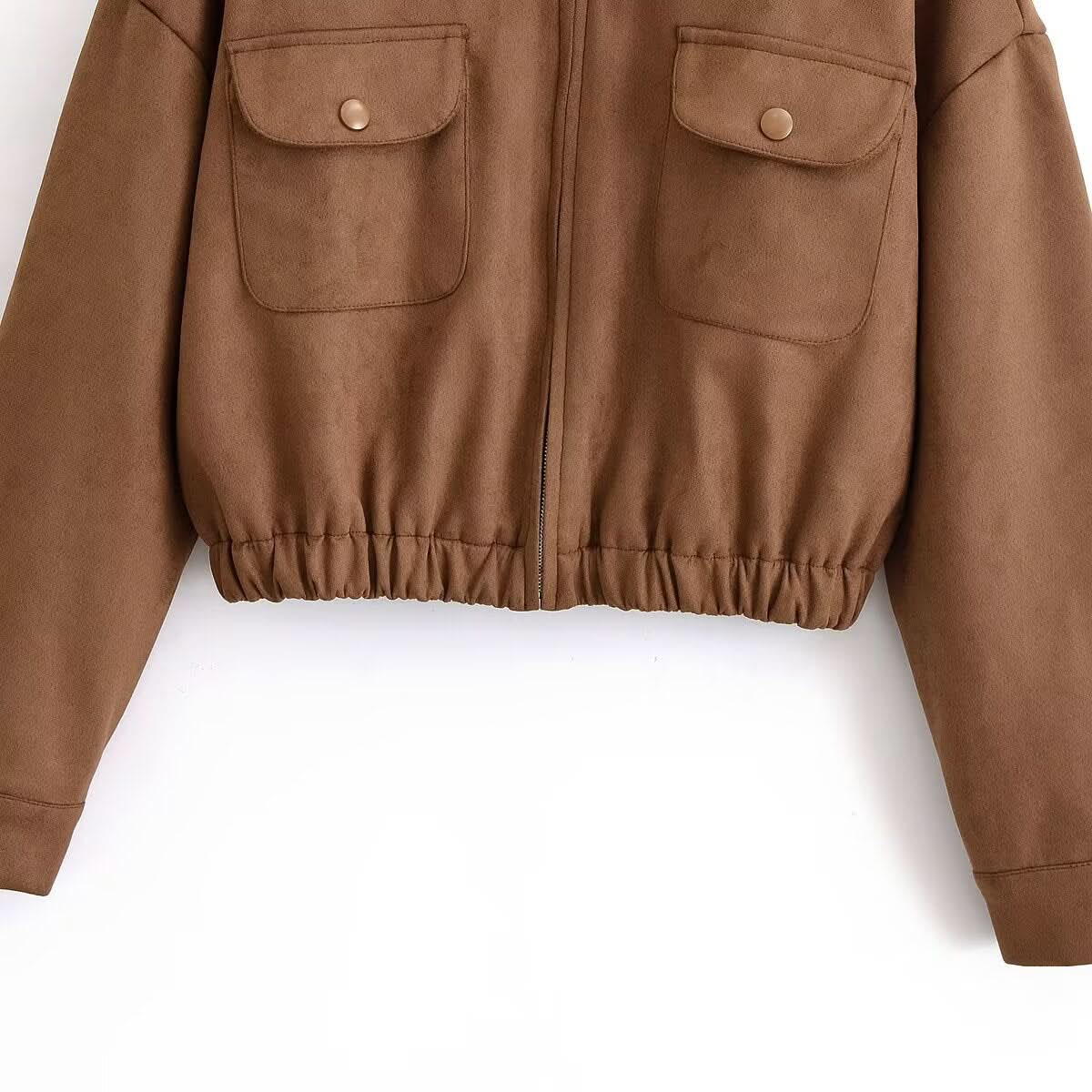 Flip collar pocket hem loose suede jacket