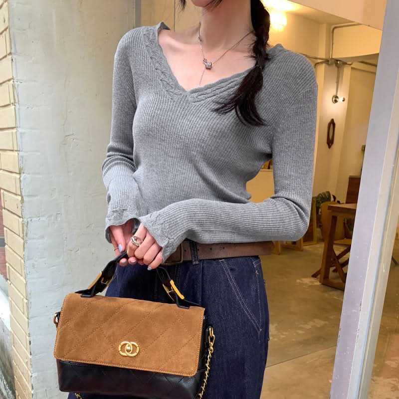 Eleganter violetter V-Ausschnitt-Strickpullover für Damen, schmal geschnitten, Langarm, Freizeitkleidung