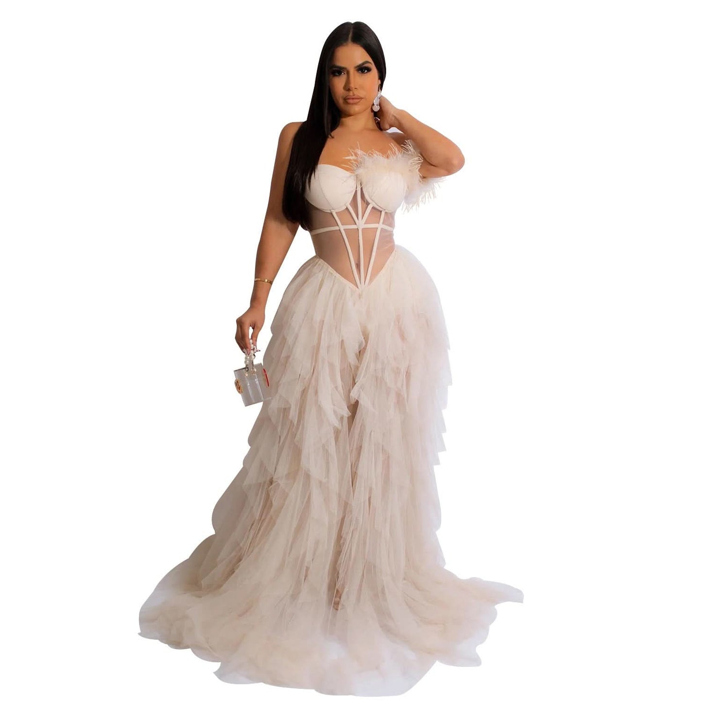 Ärmelloses langes Mesh-Kleid für Damen in Unifarbe mit Bustier
