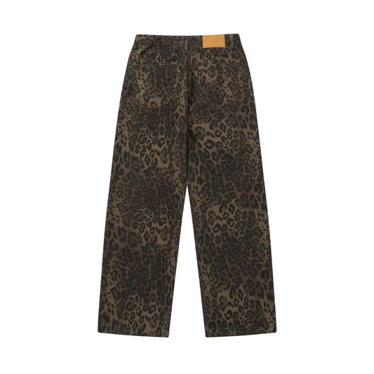 Leopard Print Straight Leg Washed Casual Pants