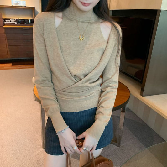 Mock Two-Piece Off-Shoulder Fitted Long Sleeve Wool Knit Top for Women