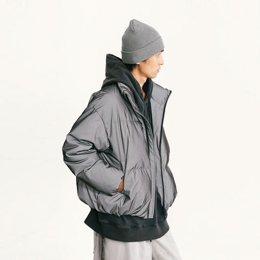 Three proof 3D reflective fabric stand up collar down jacket