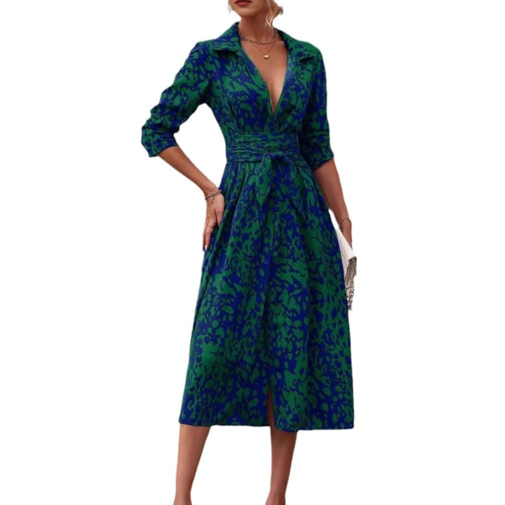 Kleid mit Hemdkragen, Gürtel und langem Rock für Damen