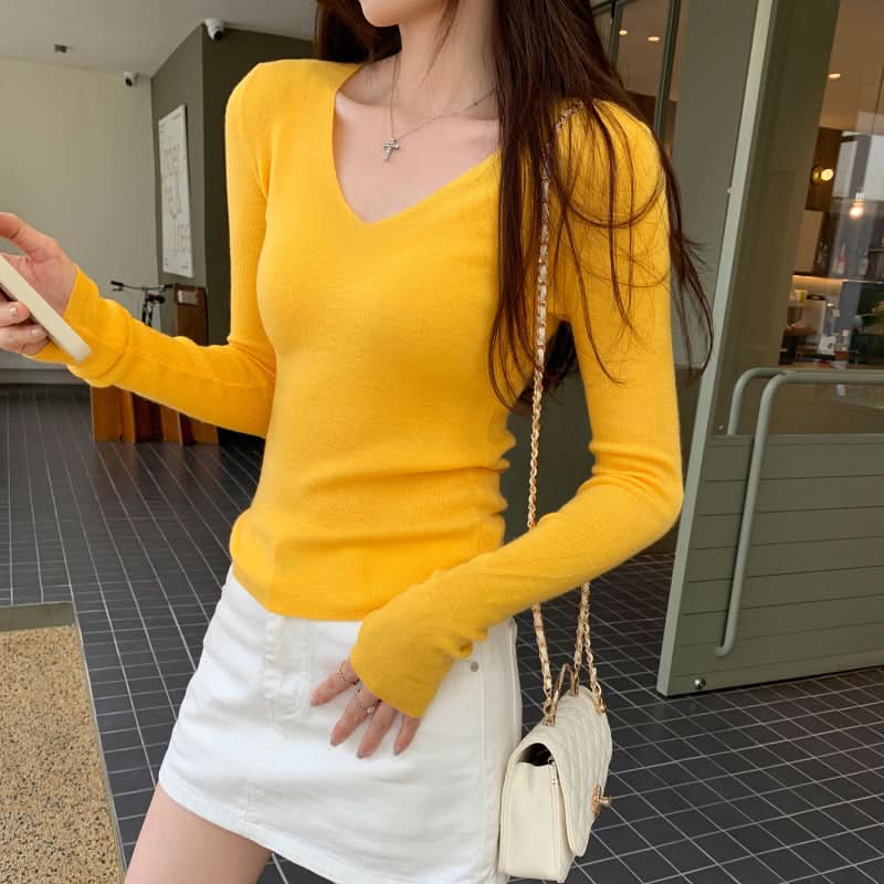 Schlichtes V-Ausschnitt Langarm-Strickoberteil für Damen, einfarbig, figurbetont, elegante Freizeitkleidung