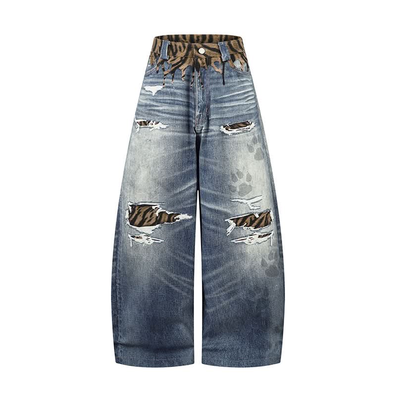 Einzigartiges Design, zerkratzte, zerrissene, plissierte, lässige, weite Dagger Jeans