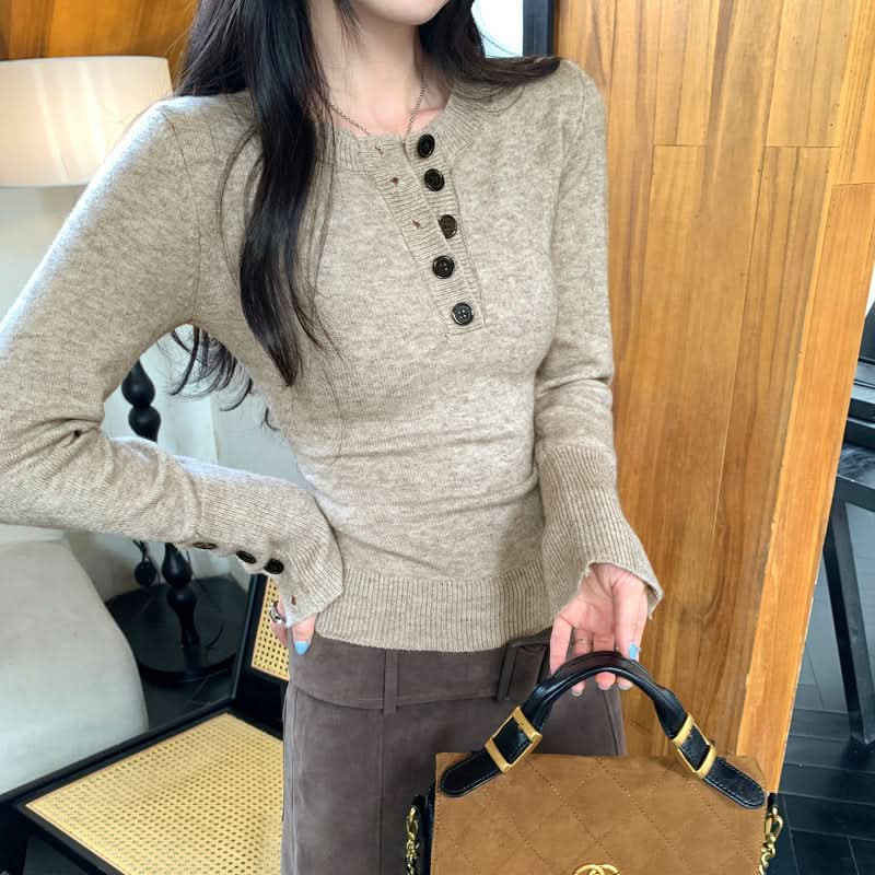 Damen Henley-Neck Strickpullover, schmal geschnittenes Langarm-Oberteil