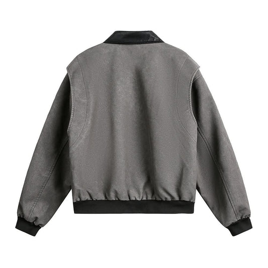 Splicing contrasting PU leather collar jacket