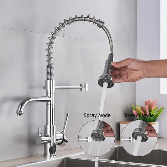 Purified Water Kitchen Faucet Pull Down Spray Stream Head Dual Handle Faucet 360 Rotate Deck Mount Drinking Water Mixer Tap