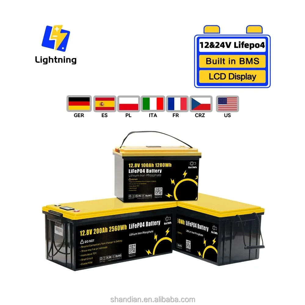 US-Lager LiFePO4-Batterie 12V 100A 200Ah 300Ah 340Ah 24V Lithium-Eisenphosphat Solar LCD Wohnmobil Home Boot Speicherenergie Home Boot