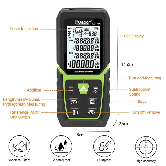 Laser Rangefinder 330Ft/100M(165Ft/ 50M 390Ft/120M)Backlit LCD Laser Measure M/In/Ft with Li-ion Battery & Electric Angle Sensor