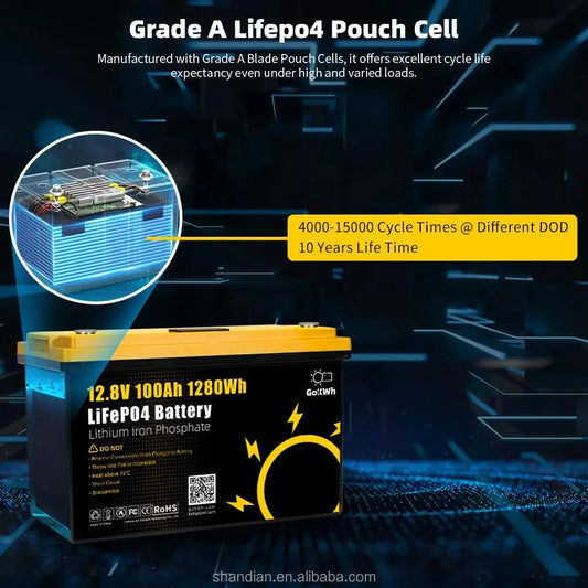 GoKWh EU Stock 12V 100Ah Battery Lifepo4 Lithium Iron Phosphate 200Ah Bms Solar Lithium Ion Batteries Blue tooth