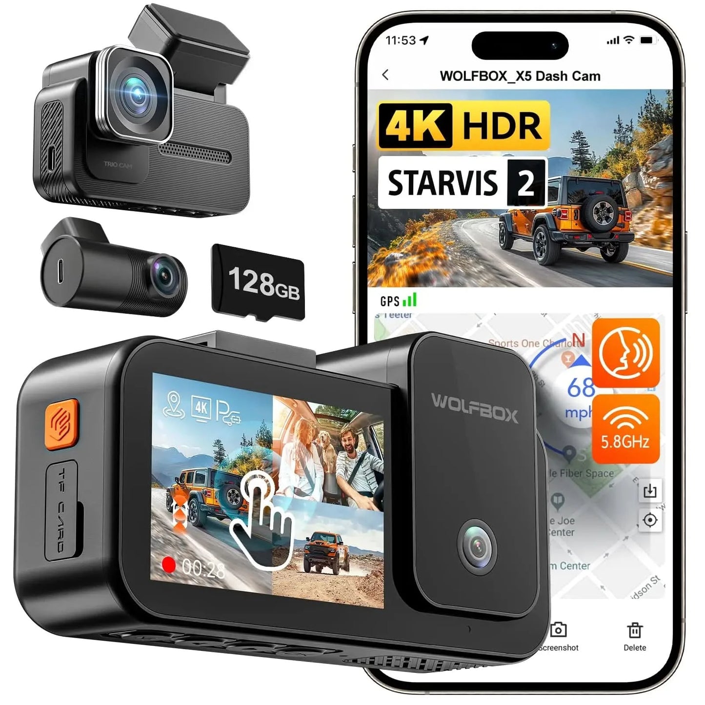 WOLFBOX X5 3-Kanal 4K Dashcam STARVIS 2 IMX678 4K+2.5K Dreifach-Auto-Kamera für vorne, hinten und innen 5.8GHz WiFi Spiegel-Auto-DVR