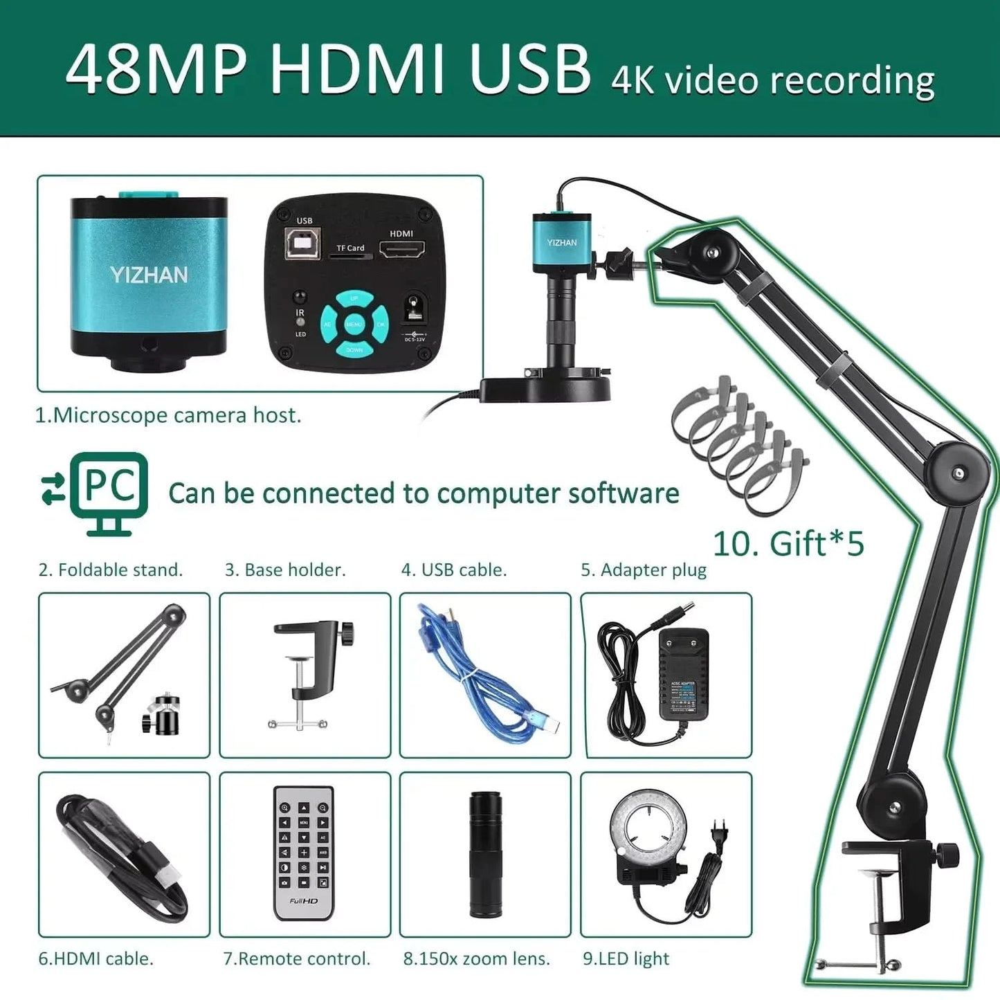 Full HD 4K Electron Microscope For Soldering IMX415 48MP HDMI USB Digital Camera 150X Lens Reinforced Bracket Reduces Vibration