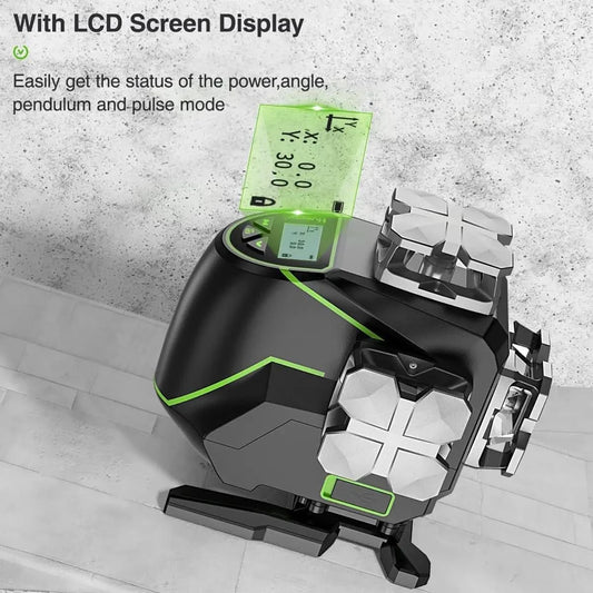 Huepar 4D 16 Lines Laser Level Self Leveling 4x360°Cross Line LCD Screen Bluetooth Remote Green Beam Tiling Floor with Receiver