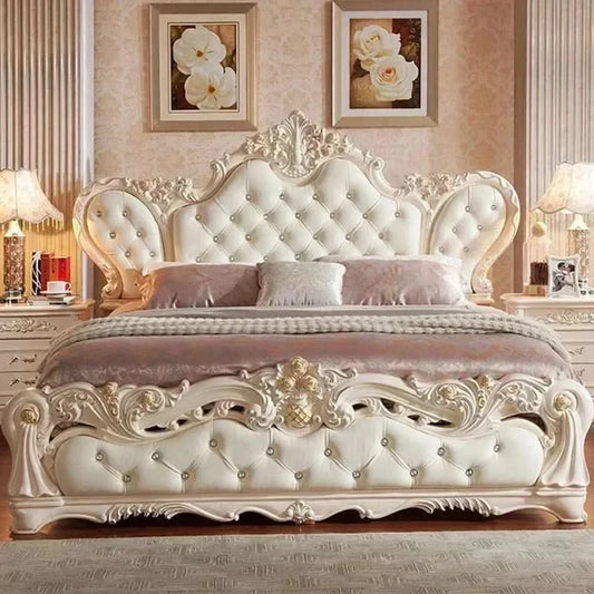 Vintage Nordic Luxury Bed Master Queen King Modern Regale Bed Wood Bedroom Leather Antique Safe Cama Queen Size Trendy Furniture