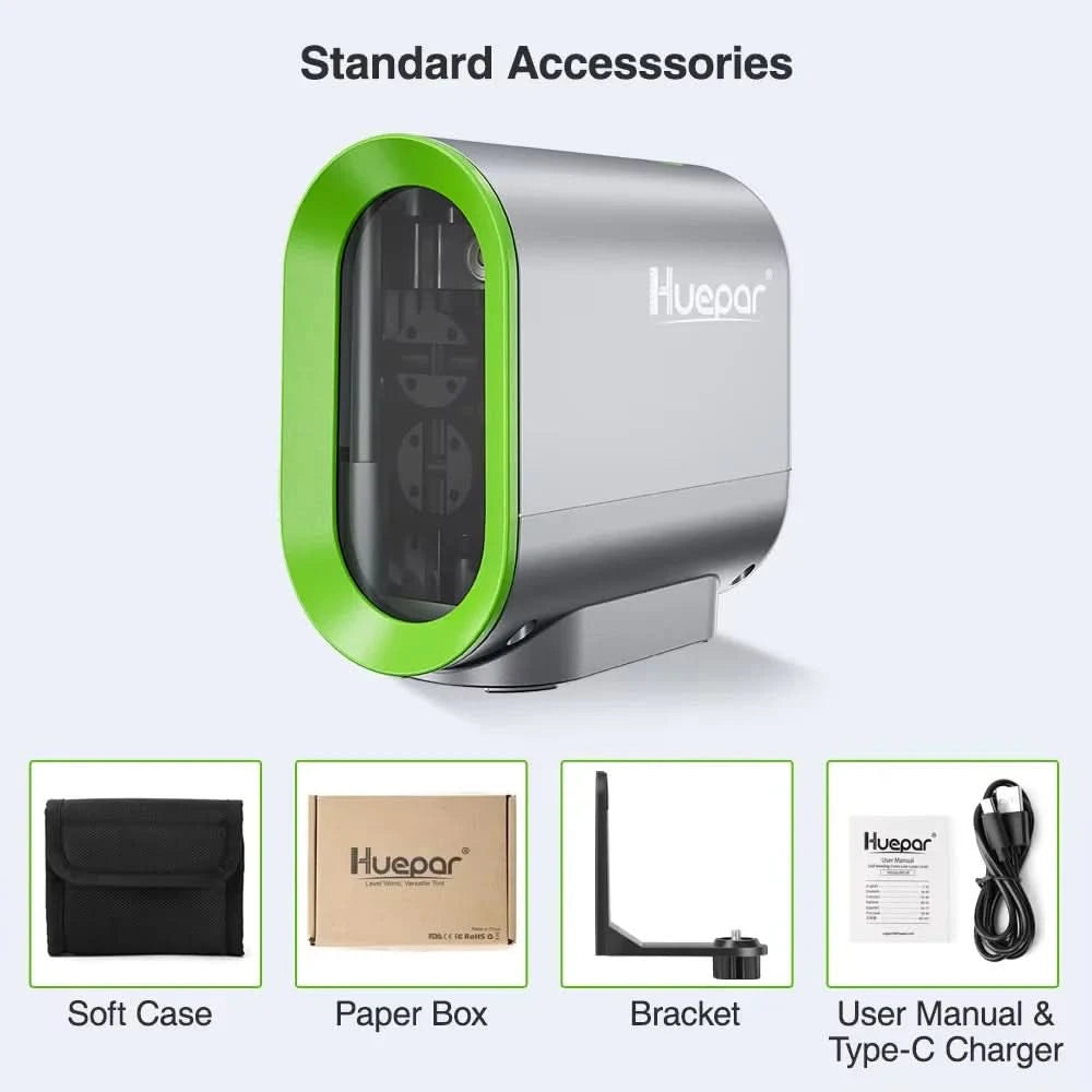 Huepar 2-Line Self-Leveling Laser Level, Green/Red Beam, Magnetic Base, Rechargeable Li-ion Battery, for Construction & DIY Tool