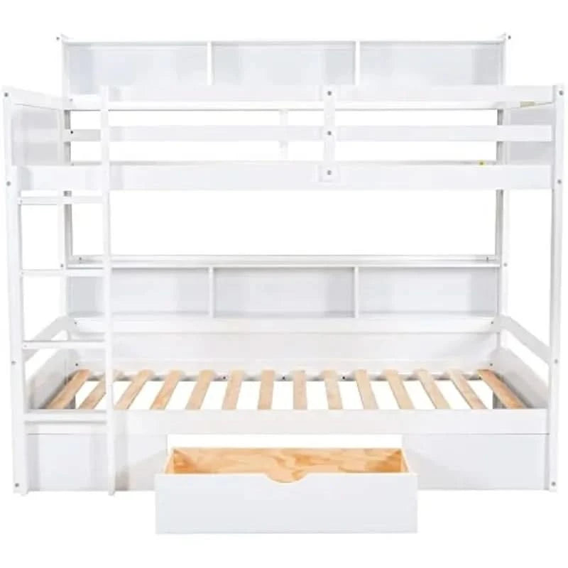 Twin over Twin Bunk Bed with Storage Drawer, Solid Wood Construction, Built-in Shelves on Each Side