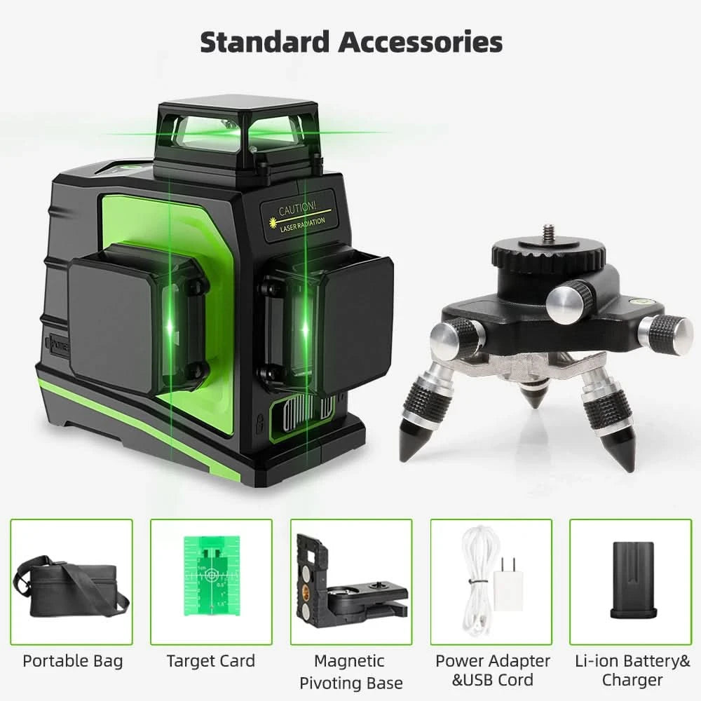 Huepar 12 Lines 3D Cross Line Laser Level Kit Osram Self-Leveling Green Beam 360° Vertical Horizontal With Laser Receiver Tripod