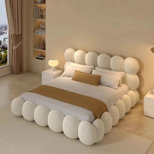 Beauty Cream Cloud Bed Large Size White Rectangle Minimalist Safe Bed Upholstery European Cama Matrimonial Home Furniture