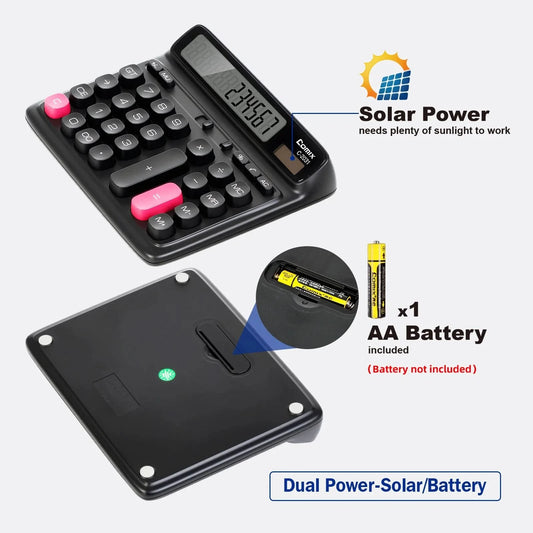 Comix Desktop Calculator, Computer Keys 12 Digit Large Display, Dual Power Black Electronic Calculator for Office Home