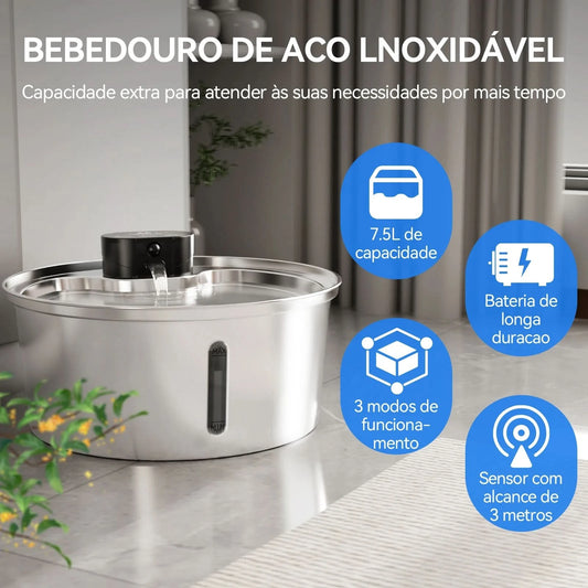 Newpet 7.5L Automatic Stainless Steel Dog Water Fountain 5000mAh Wireless Pet Drinker Battery & Sensor 2 in 1 Dispenser for Dog