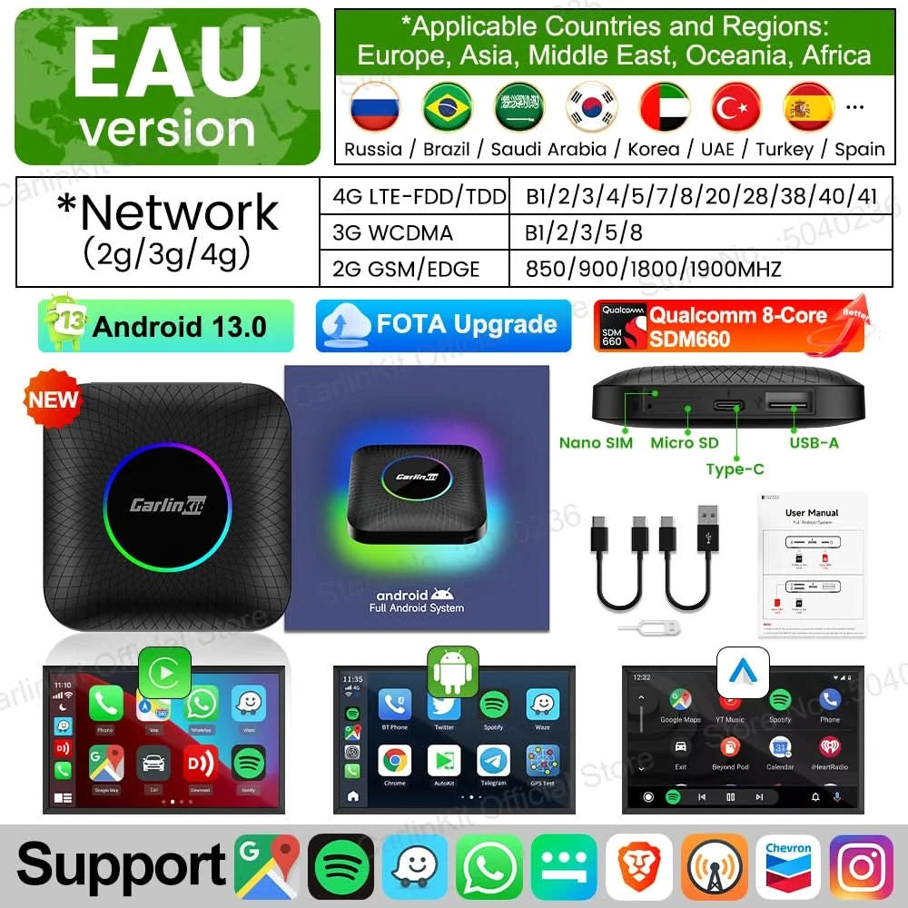2026 CarlinKit CarPlay AI Box Android 13.0 SM6225 8-Core Android Auto Wireless CarPlay Adapter 2.4+5GGPS 64G 128G FOTA-Upgrade
