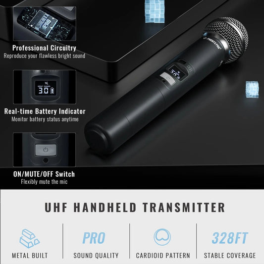 Phenyx Pro UHF Profeesional Adjustable Dual Wireless Microphone System for Stage Performances Sturdy Metal Build 100M PTU71